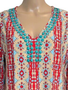 Jones New York Signature NWT Coral Sea Combo Beaded Tunic Boho Print V-Neck